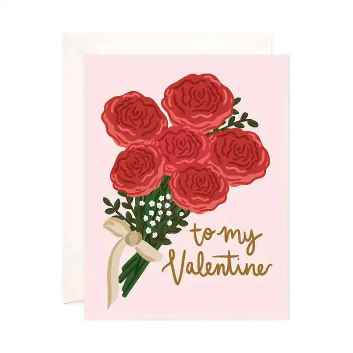 Valentine's Day card with red roses and 'to my Valentine' text on a pink background