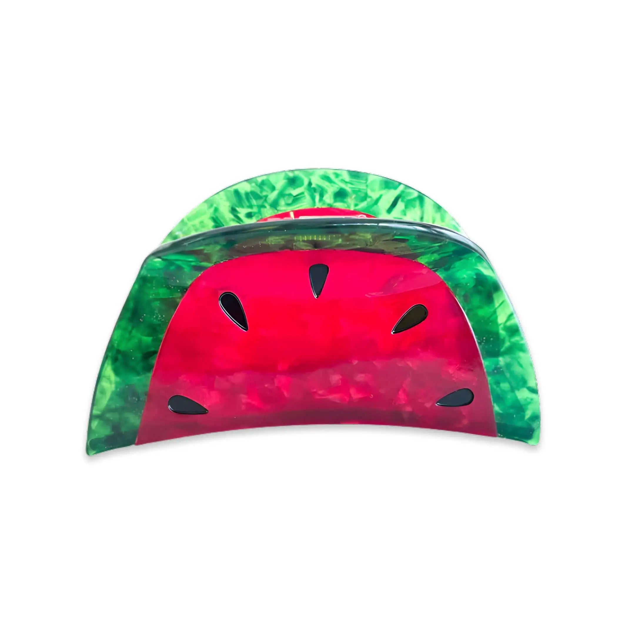 Transparent watermelon-shaped object with green rind and red flesh on a white background