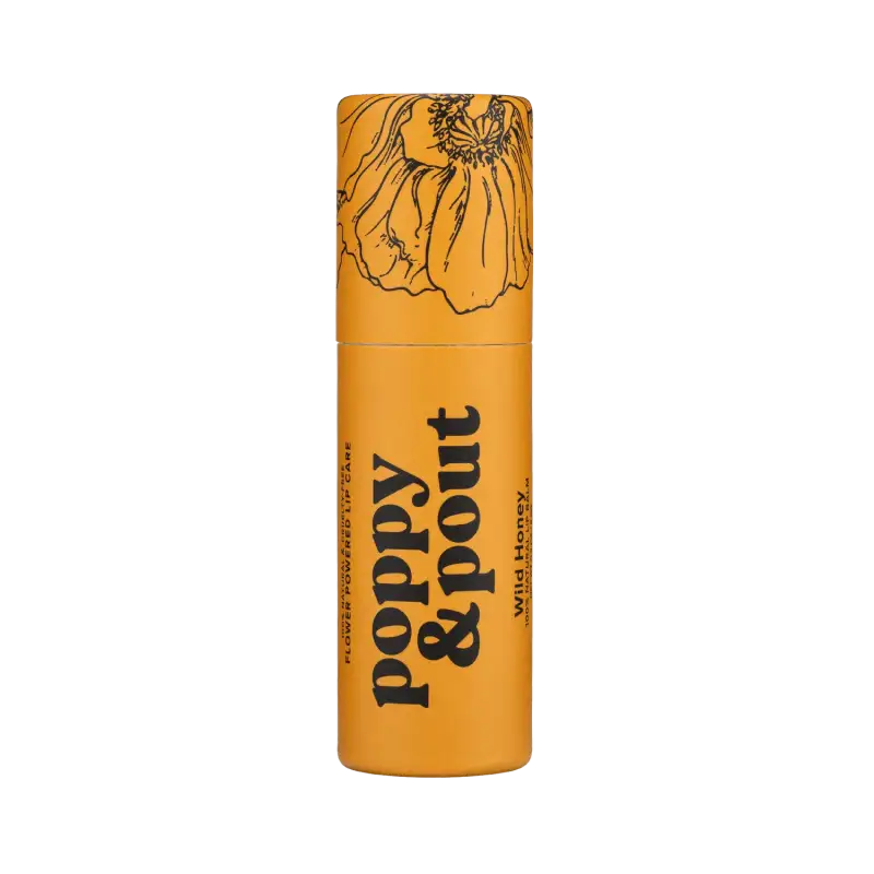 Yellow cylindrical container with floral design and text on a white background