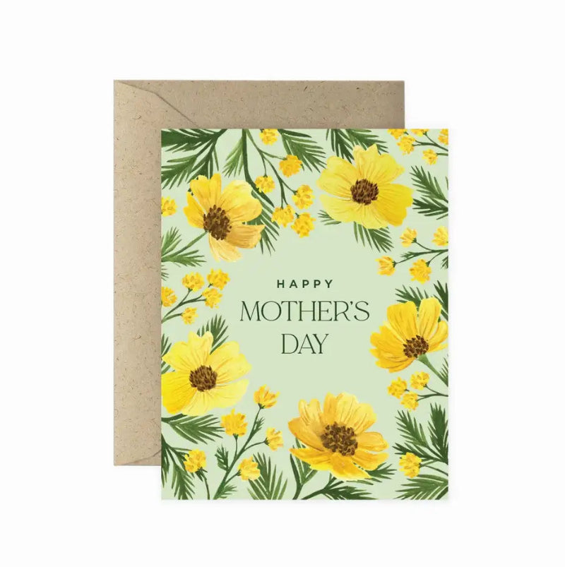 Greeting card with yellow flowers and 'Happy Mother's Day' text on a light green background