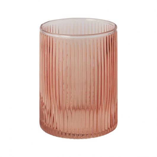 A cylindrical glass vase with a ribbed texture and a peachy rose tint.